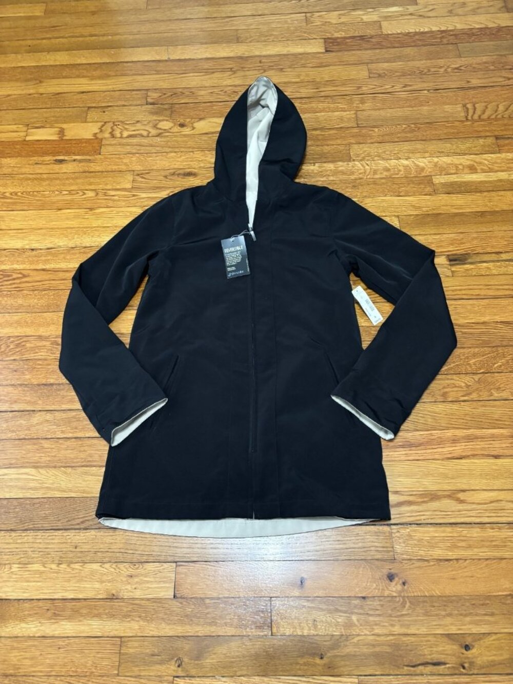 St. John's Bay Womens Reversible Rain Jacket Sz Small Black Beige Hooded NWT $80